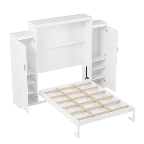 Queen Size Murphy Bed Wall Cabinet with 2 Wardrobe and Storage Shelf, Wooden Murphy Cube Wall Bed