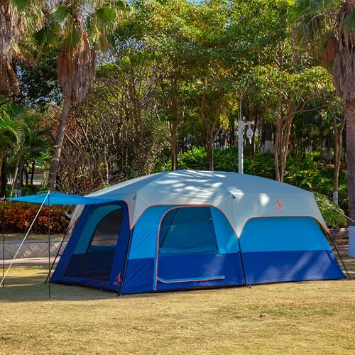 KTT Extra Large Tent 10-12-14 Person(Style-B),Family Cabin Tents,2 Rooms,3 Doors and 3 Windows with Mesh,Straight Wall,Waterproof,Double Layer