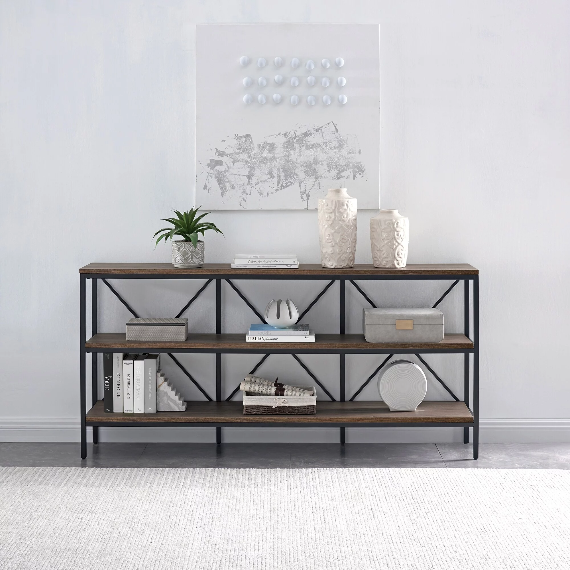 Evelyn&Zoe Kira 64" Wide Rectangular Console Table, Blackened Bronze/Black Grain