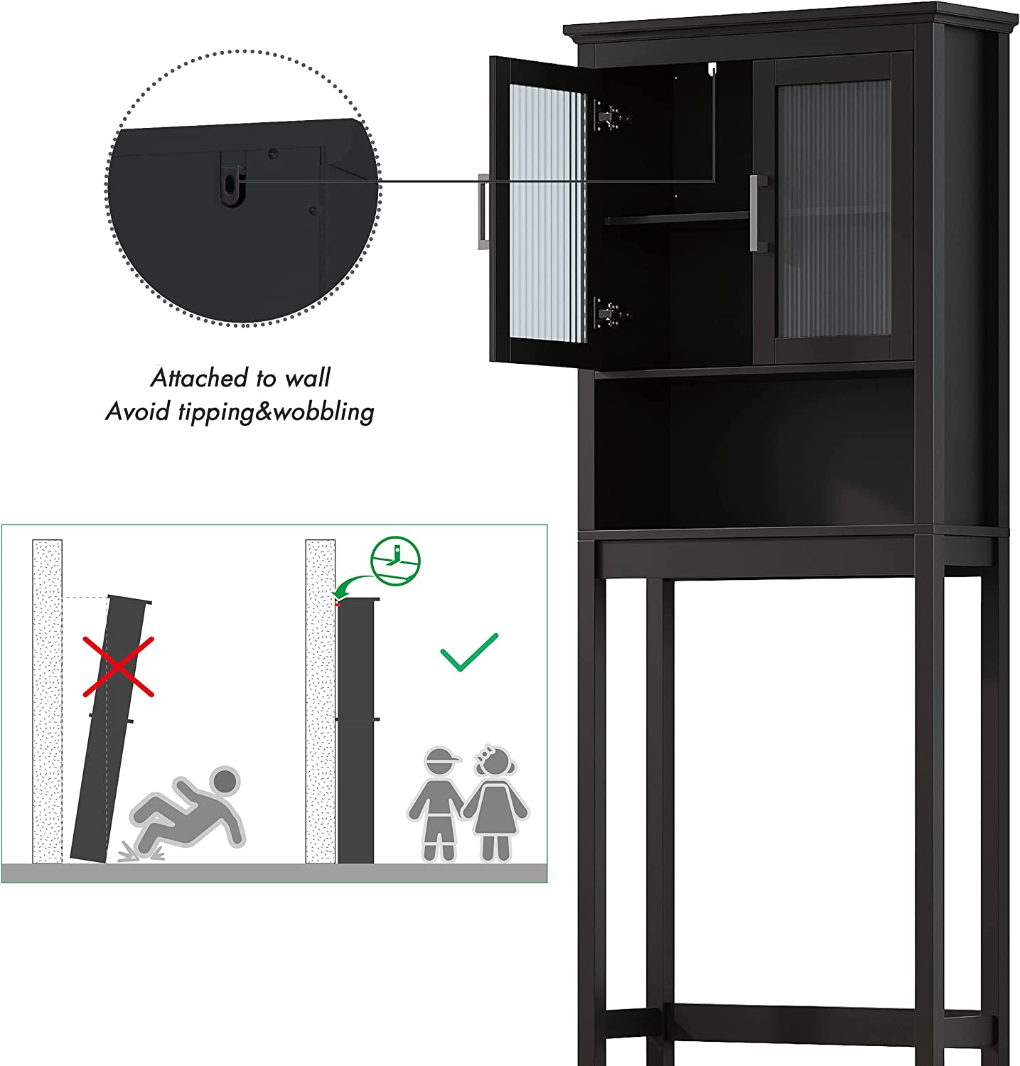 Spirich Home Bathroom Cabinet Over The Toilet, Bathroom Storage Cabinet with Windowpane Glass Doors and Adjustable Shelves