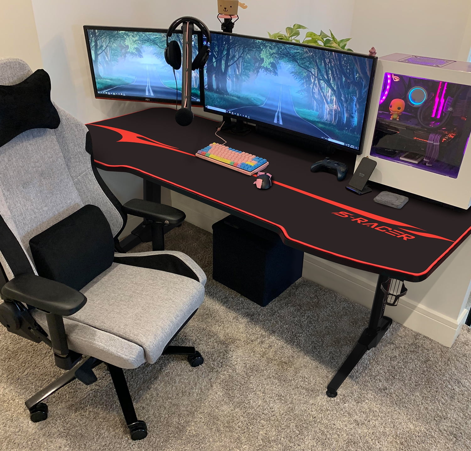 VINEEGO 55 inch Large Surface T-Shaped Legs Gaming Desk with Free Mouse Pad, Gaming Handle Rack, Cup Holder & Headphone Hook