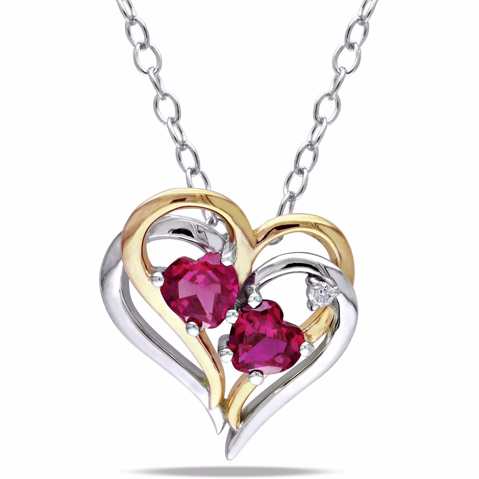 Everly Women's 1 1/6 Carat T.G.W. Heart-Cut Created Ruby & Round-Cut Diamond Accent T.W.-Tone Silver Double Heart Pendant with Chain with Shared