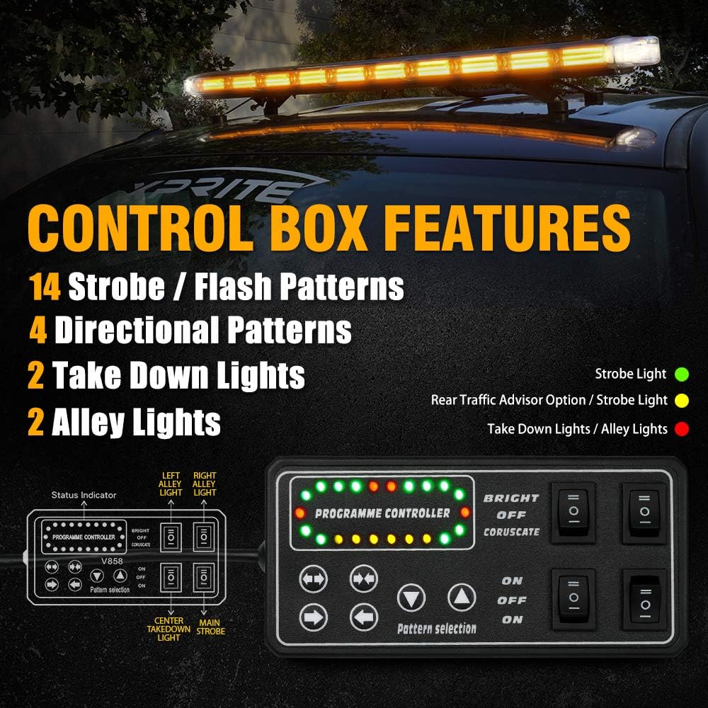 Xprite 48" Traffic Advisor White Amber Emergency Strobe Light Bar High Intensity LED Rooftop Warning Security Caution Lightbar w/Adjustable Brackets