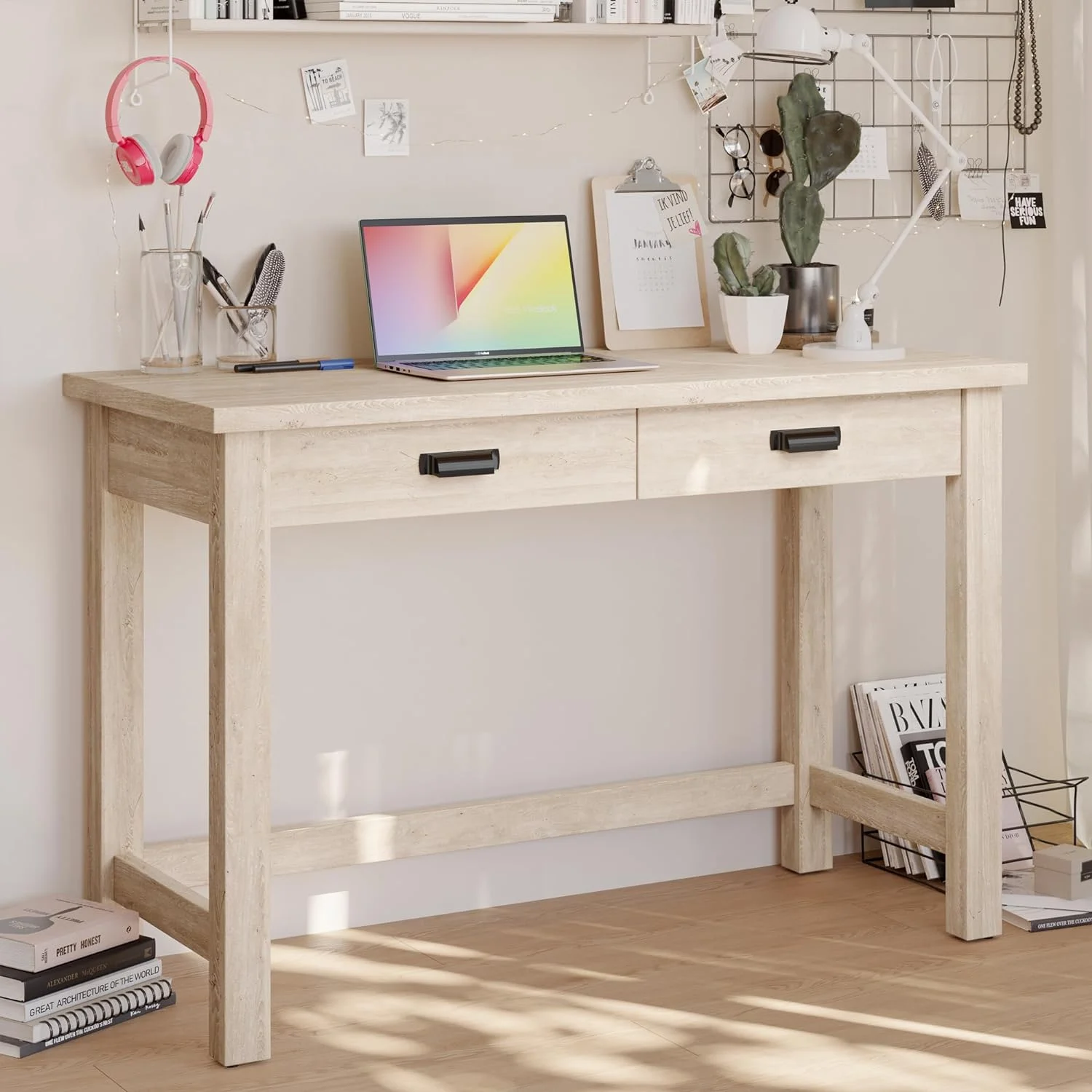 Wooden Writing Desk with Two  Drawers  Simple Writing Computer Desk with Charging Ports  47 Inch Study Desk for Small Spaces