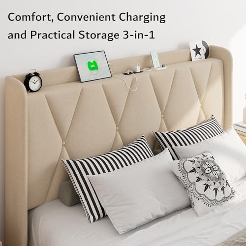 iPormis Queen Bed Frame with 4 Storage Drawers, Upholstered Platform Bed Frame with Charging Station, Modern Wingback Storage Headboard