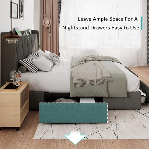 iPormis Queen Bed Frame with 4 Storage Drawers, Upholstered Platform Bed Frame with Charging Station, Modern Wingback Storage Headboard