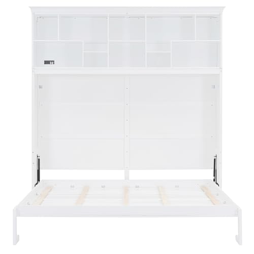 Ball & Cast Queen Size Murphy Bed Hideaway Wall Chest with Top Shelves & USB,Storage Cabinet Bed Frame w/Slat Support