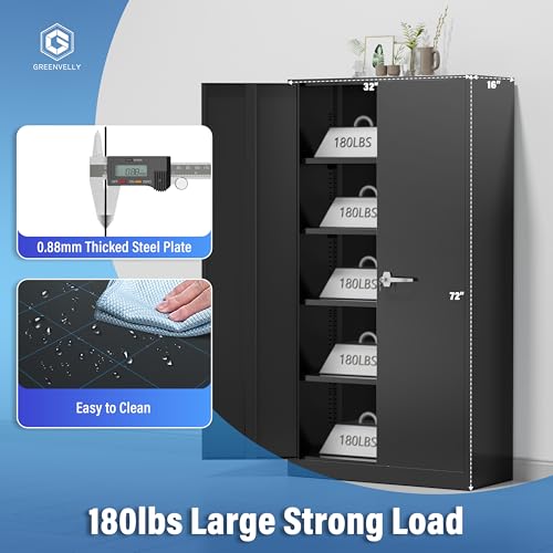 Greenvelly Metal Storage Cabinet, 72" Black Locking Storage Cabinets with Doors and 4 Shelves, Metal Cabinet for Garage Home Office, Classroom