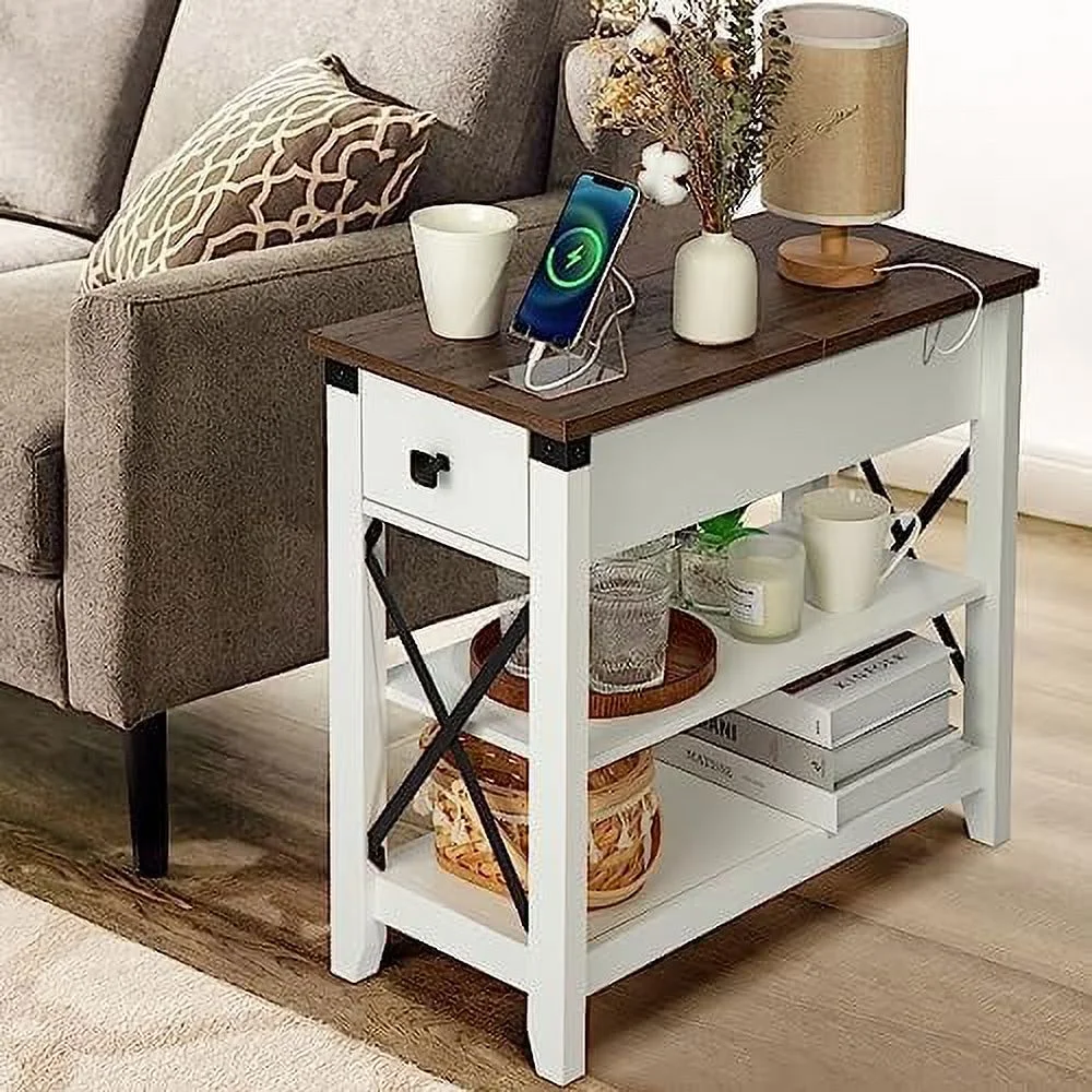 RUNFAYBIU Narrow End Table with Charging Station