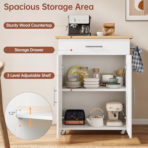Kitchen Island with Storage, 31.5" D Rolling Kitchen Island Cart on Wheels with Widen Drop Leaf Rubberwood Top