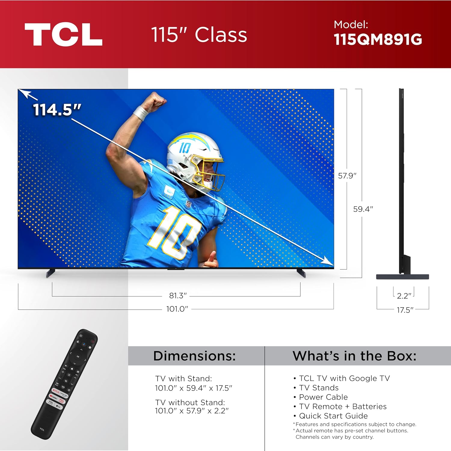 TCL 115-Inch QM89 QLED 4K Smart QD-Mini LED TV with Google TV (115QM891G, 2024 Model) Dolby Vision HDR, Dolby Atmos, Game Accelerator up to 240Hz