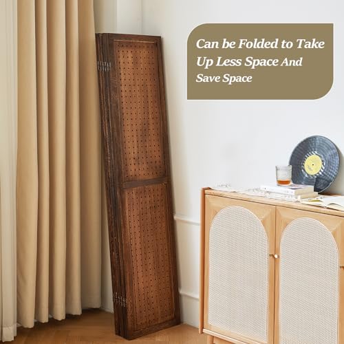 4 Panel Room Dividers and Folding Privacy Screens, 5.6Ft Wooden Pegboard Display, Privacy Dividers for Bedroom