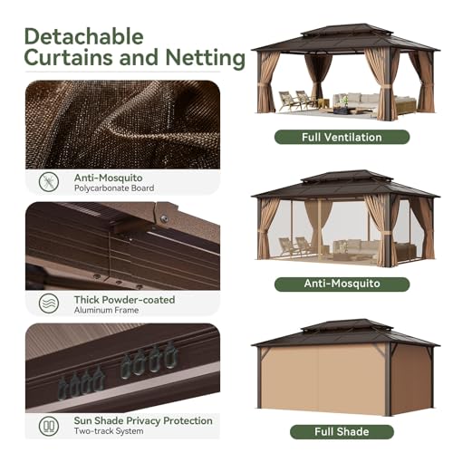 Aoxun 12'x10' Hardtop Gazebo, Aluminum Frame Permanent Pavilion with Curtains and Netting, Outdoor Polycarbonate Double Roof Canopy