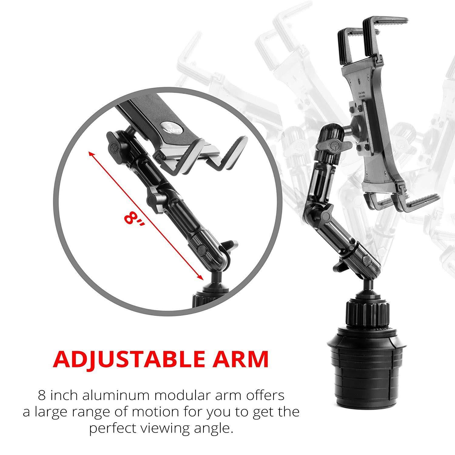 Tablet Cup Holder Mount for Car or Truck - by Tackform [ Enduro Series ] Heavy Duty ELD Mount - Aluminum 3-Way Adjustable Arm wi