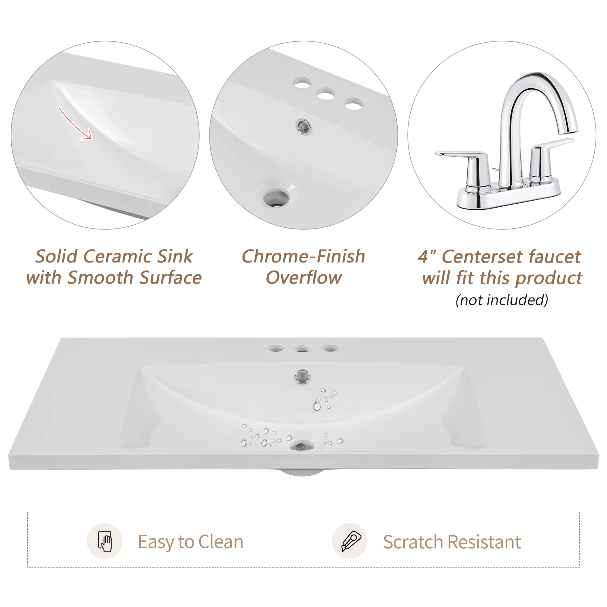 EUROCO 36" Bathroom Vanity with Ceramic Basin,Modern Freestanding Bathroom Storage Cabinet with 3 Drawers , 2 Doors and Open Shelf,Solid Wood Frame