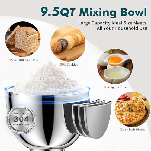 COOKLEE Stand Mixer, 9.5 Qt. 660W Electric Kitchen Mixer with Dishwasher-Safe Dough Hooks, Flat Beaters