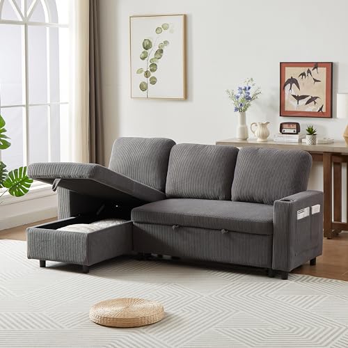 L-Shaped Pull Out Sleep Sofabed,Modern Reversible Sleeper Sectional Sofa Chenille Upholstered Button Tufted Decor with Storage Chaise