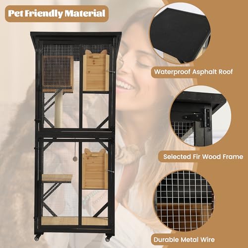 MAGIC UNION 71" Catio Outdoor Cat Enclosure Window Access, 4 Tiers Cats Playpen Catio with Wheels, Resting Box & Waterproof Roof