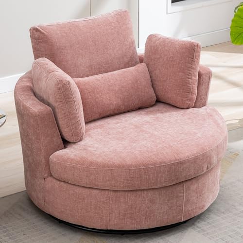 Aoiy & Wifon 42.2" W Oversized Swivel Barrel Chair with Ottoman, Upholstered Round Accent Chair with Storage Ottoman, Chenille, Beige