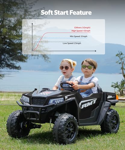 ELEMARA 24V Ride on Toy for Big Kid,Ride on Car 2 Seater w/Sun Shade,Dump Bed & Shovel,4.5MPH,4WD Electric Car for Kids,Battery Car w/Remote