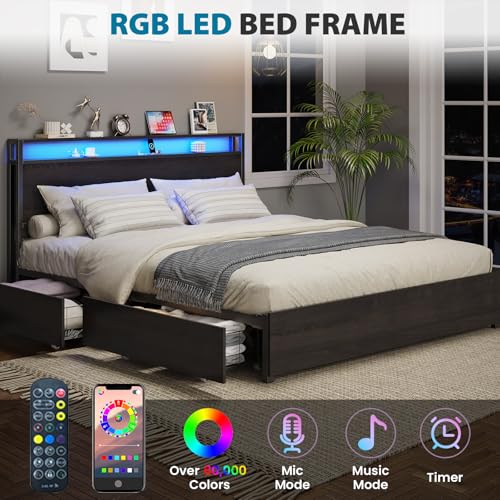 Full Size Bed Frame with Headboard, LED Platform Bed with 4 Storage Drawers, Built in Charging Station, Noise-Free, Metal Support Base