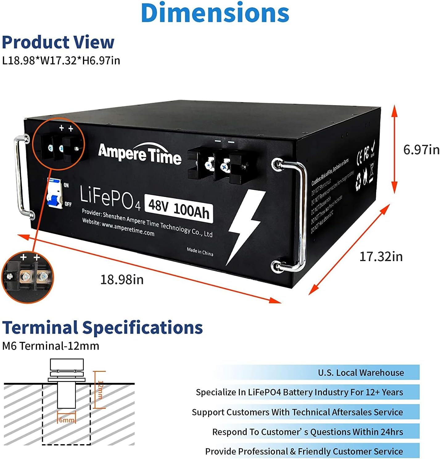 Ampere Time 12V 400Ah Deep Cycle LiFePO4 Battery Pack, with Built-in 250A BMS, Longer Runtime with 5.12kWh, 4000+ Cycle, Perfect for Solar System, RV