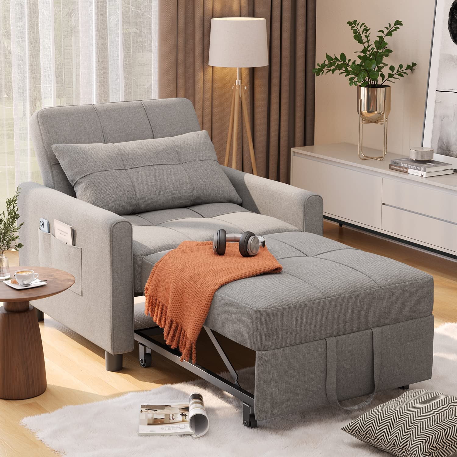 Sofa Beds Chair 3 in 1, Convertible Chair Single Bed, Grey