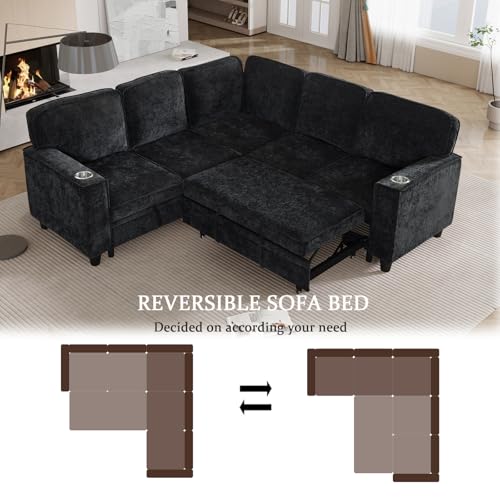 L-Shaped Pull Out Sleep Sofabed,Modern Reversible Sleeper Sectional Sofa Chenille Upholstered Button Tufted Decor with Storage Chaise