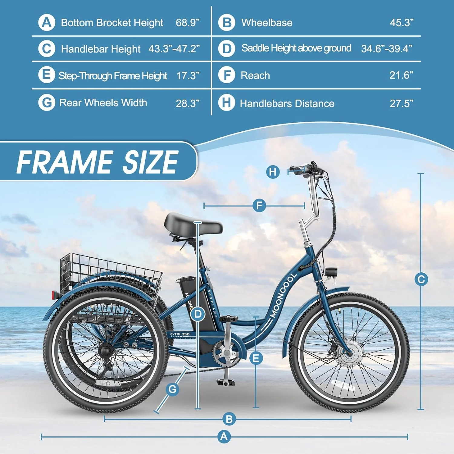 MOONCOOL 350W Motorized Electric Trike, 7 Speed 3 Wheel Electric Bicycle with 36V 14.5Ah Lithium Battery UL Certified