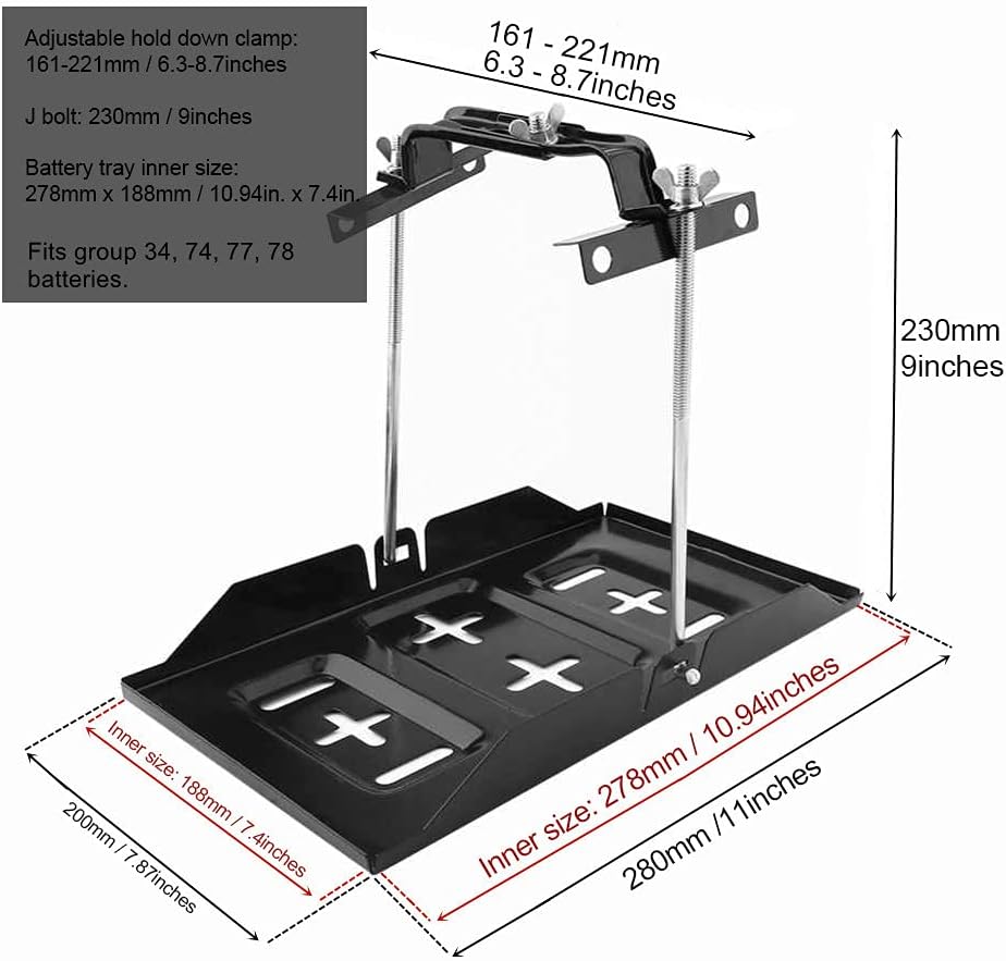 THEPRO Battery Hold Down Tray Kit, Corrosion-Resistant Steel Storage Battery Holder Adjustable Bracket Clamp for Car, Boat