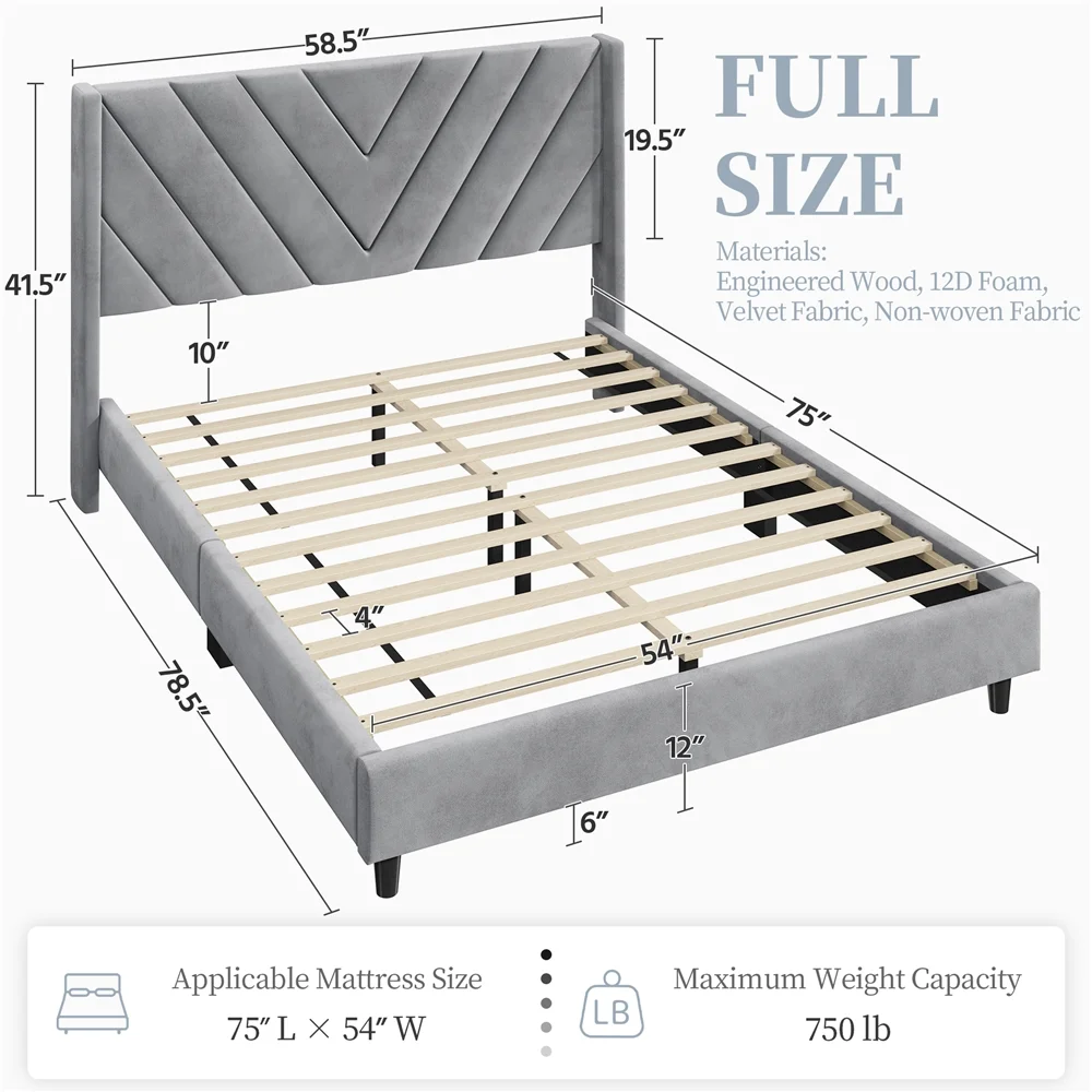 Topeakmart Full Modern Upholstered Bed with Wooden Slat Support, Light Gray