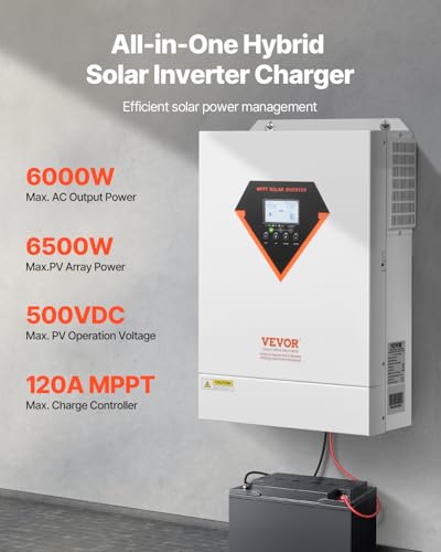 VEVOR Hybrid Solar Inverter, 6000W, All in One Pure Sine Wave Power Inverter Charger, 48V DC to 220/230V AC, with Built-in 120A MPPT Solar Controller