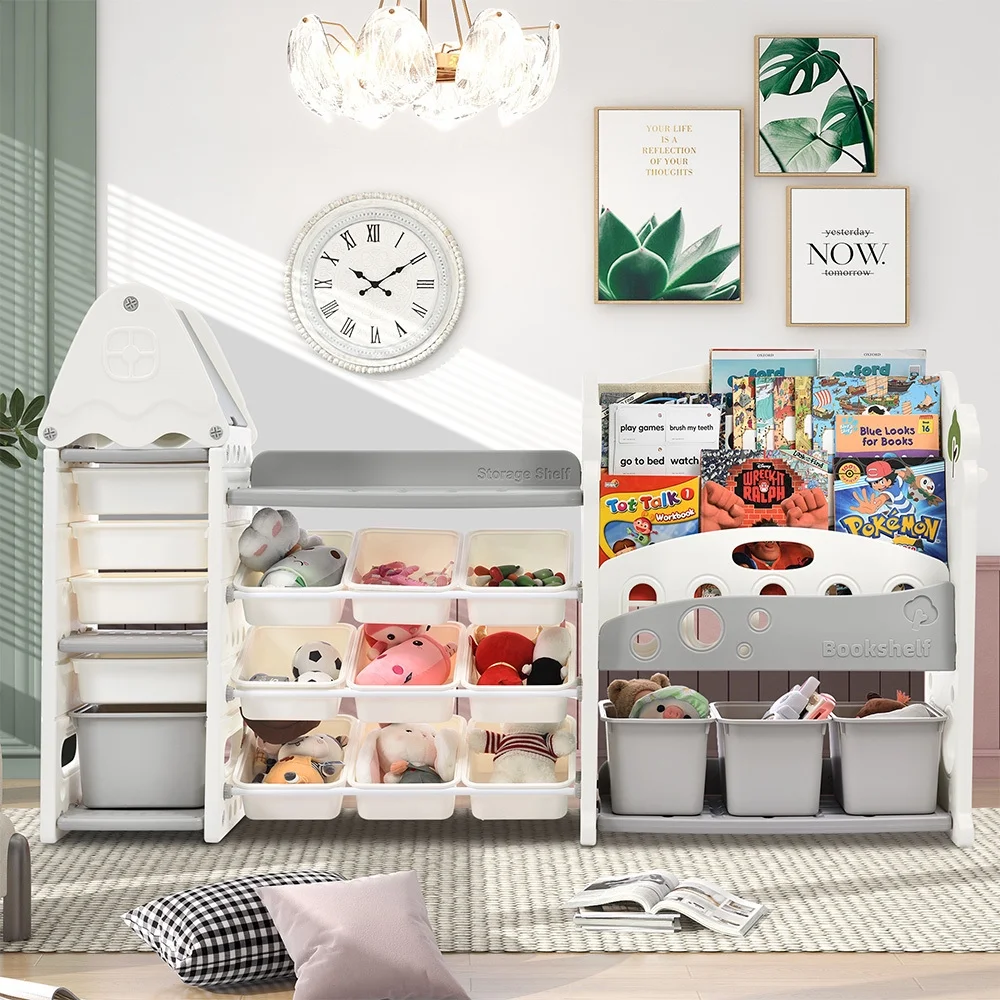 Kids Bookshelf Toy Storage Organizer, Multi-functional Nursery Organizer with 17 Bins and 4 Bookshelves