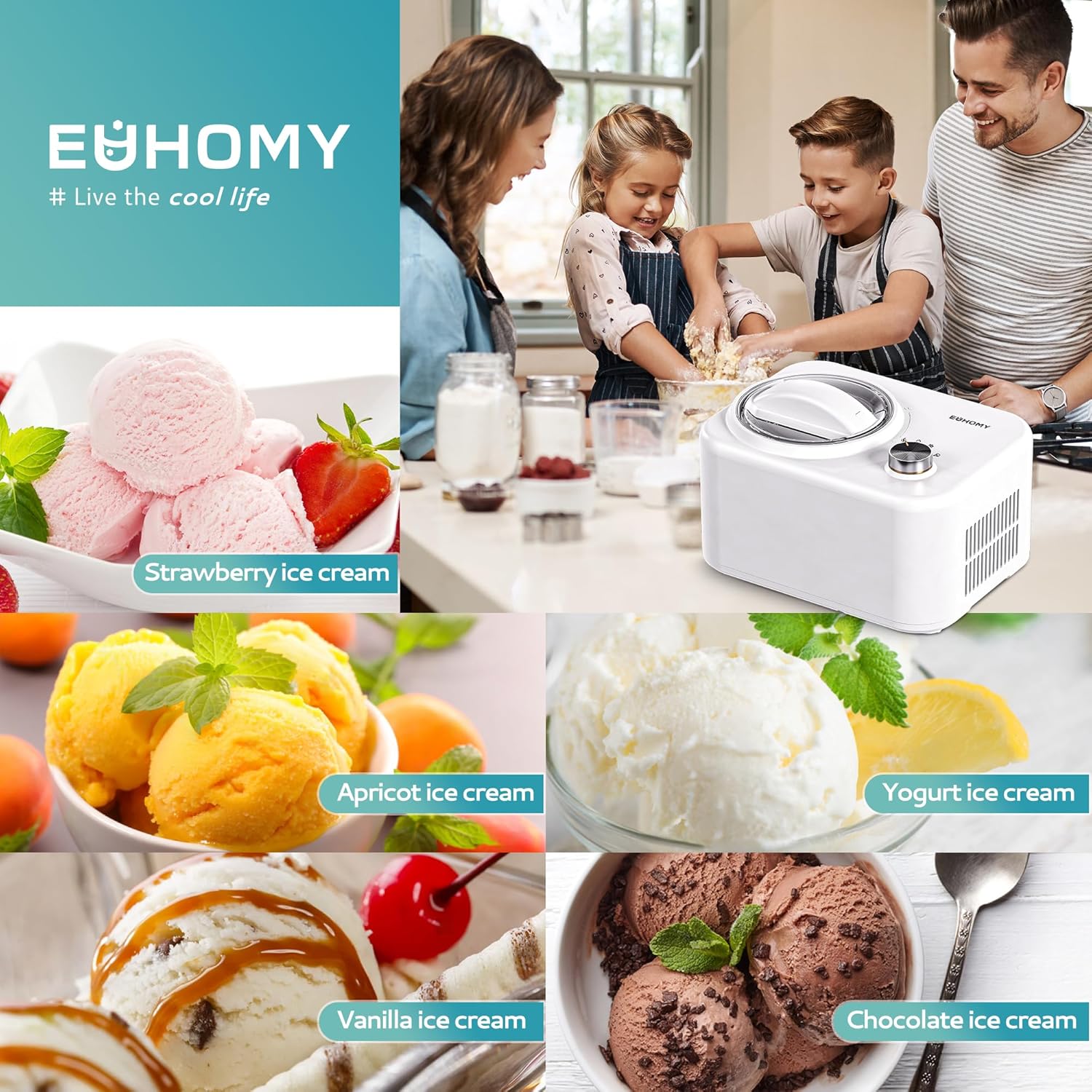 EUHOMY 1 Quart Auto Ice Cream Maker with Compressor, No Pre-freezing, 3 Modes Gelato Maker, Keep Cool Function, Easy-to-Clean
