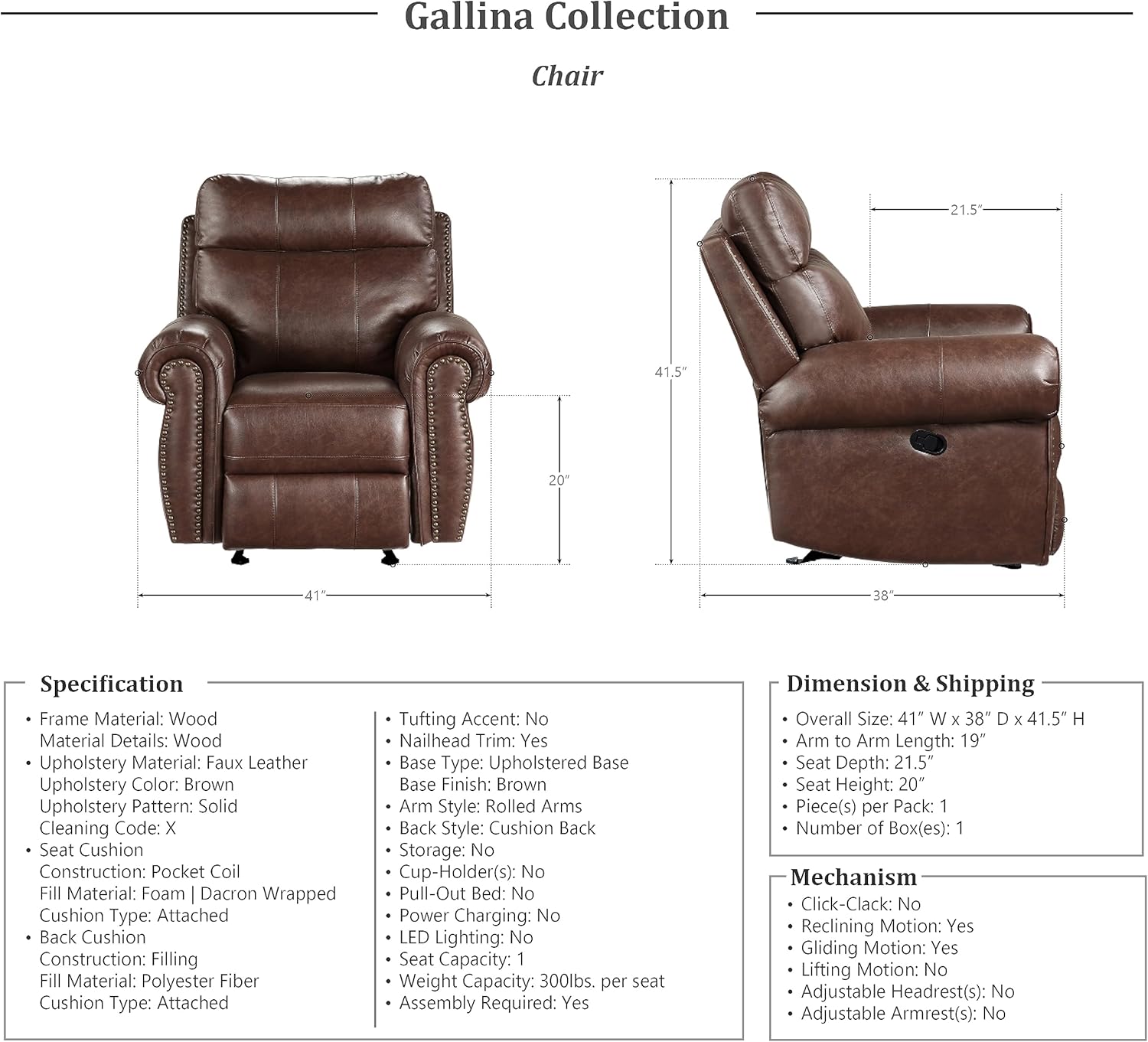 Lexicon Gallina Glider Recliner, Brown