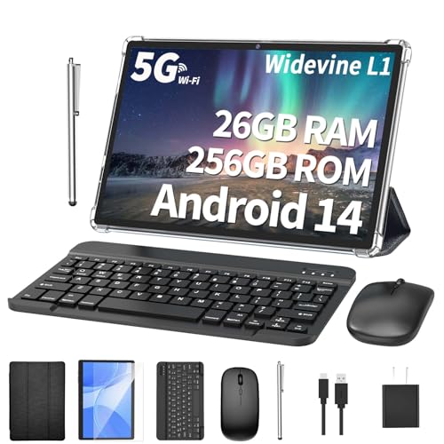 Android Tablet with Keyboard, 26GB RAM, 256GB ROM(1TB Expand), 10.1 inch Android 14 Tablet, 8000mAh Battery, BT 5.0, GMS Certified, 2.4G&5G WiFi