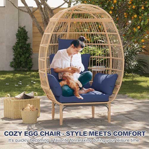 500 Lbs Capacity Oversized Wicker Egg Chair, All-Weather Rattan Egg Lounge Chairs for Patio, Backyard, Living Room