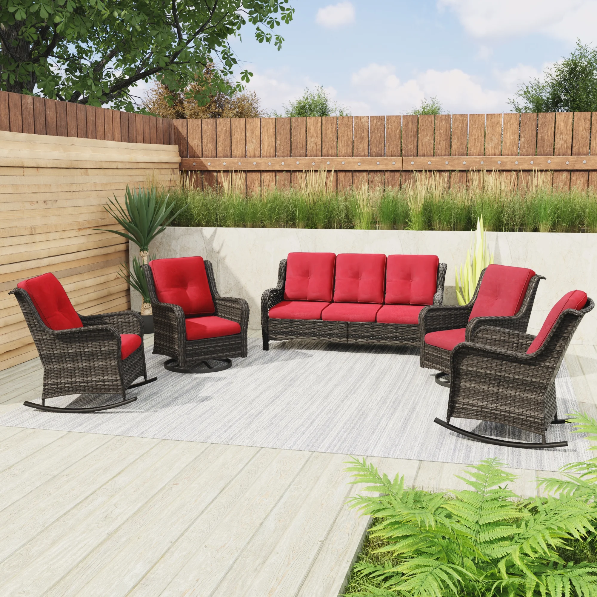 MeetLeisure 5 Pieces Outdoor Furniture Patio Furniture Set with One 3-Seat Sofa, Two Swivel Rocking Chairs,Two Rocking Chairs, Red