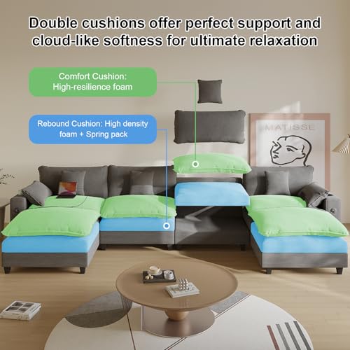 Modular Sectional Sofa, Cloud Couch with Ottoman, Charging Station, Throw Pillows, Cup Holders, Modern Convertible U Shaped Couches for Living Room