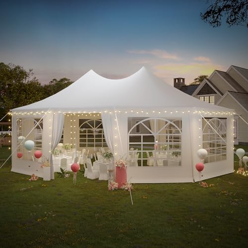EROMMY 26x19ft Party Tent, White Wedding Tent, Decagonal Heavy Duty Canopy with 8 Removable Sidewalls, 8 Church Windows and 2 Pull-Back Doors