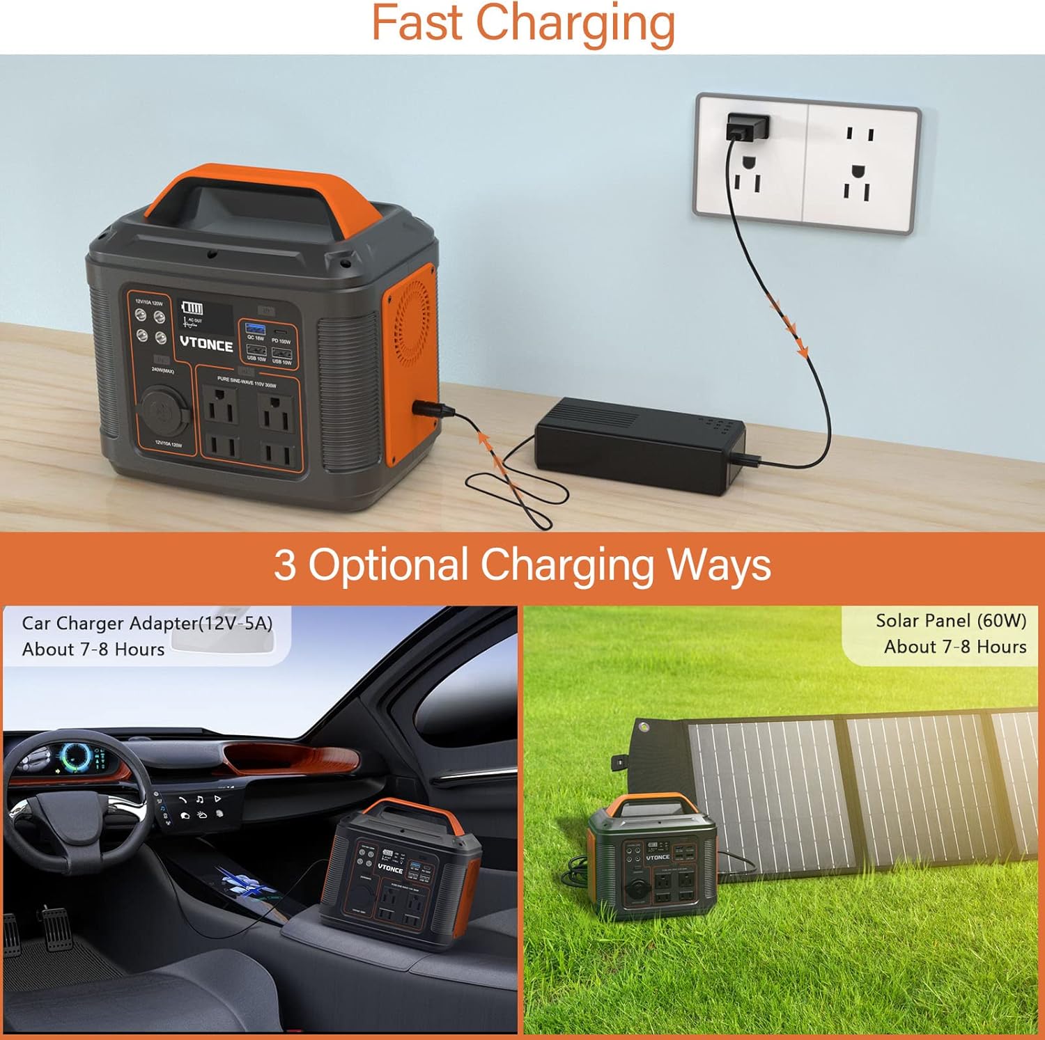 Portable Power Station 300W, VTONCE 296Wh Solar Generator Quick Charge / 110V AC Outlets / DC Ports and LED Flashlight