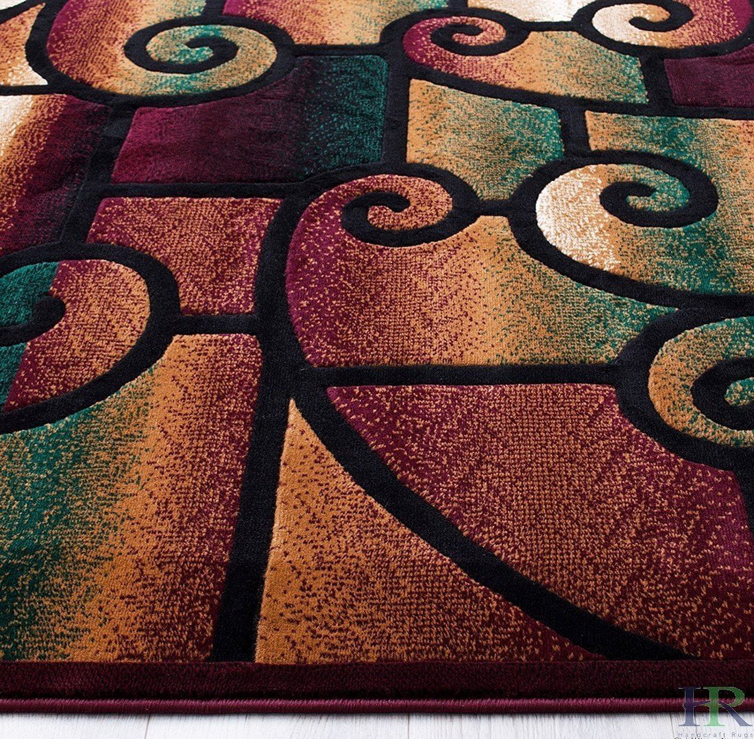 Handcraft Rugs-Modern Contemporary Living Room Rugs-Abstract Carpet with Geometric Swirls Pattern-Burgundy/ Beige/Ivory/Chocolate (8x10 Feet)