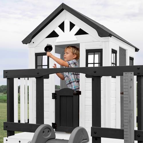 Backyard Discovery Beacon Heights Elevated Cedar Playhouse, Play kitchen, Powered Blender, Working Bell, 6 ft Wave Slide, Wrap-Around Deck