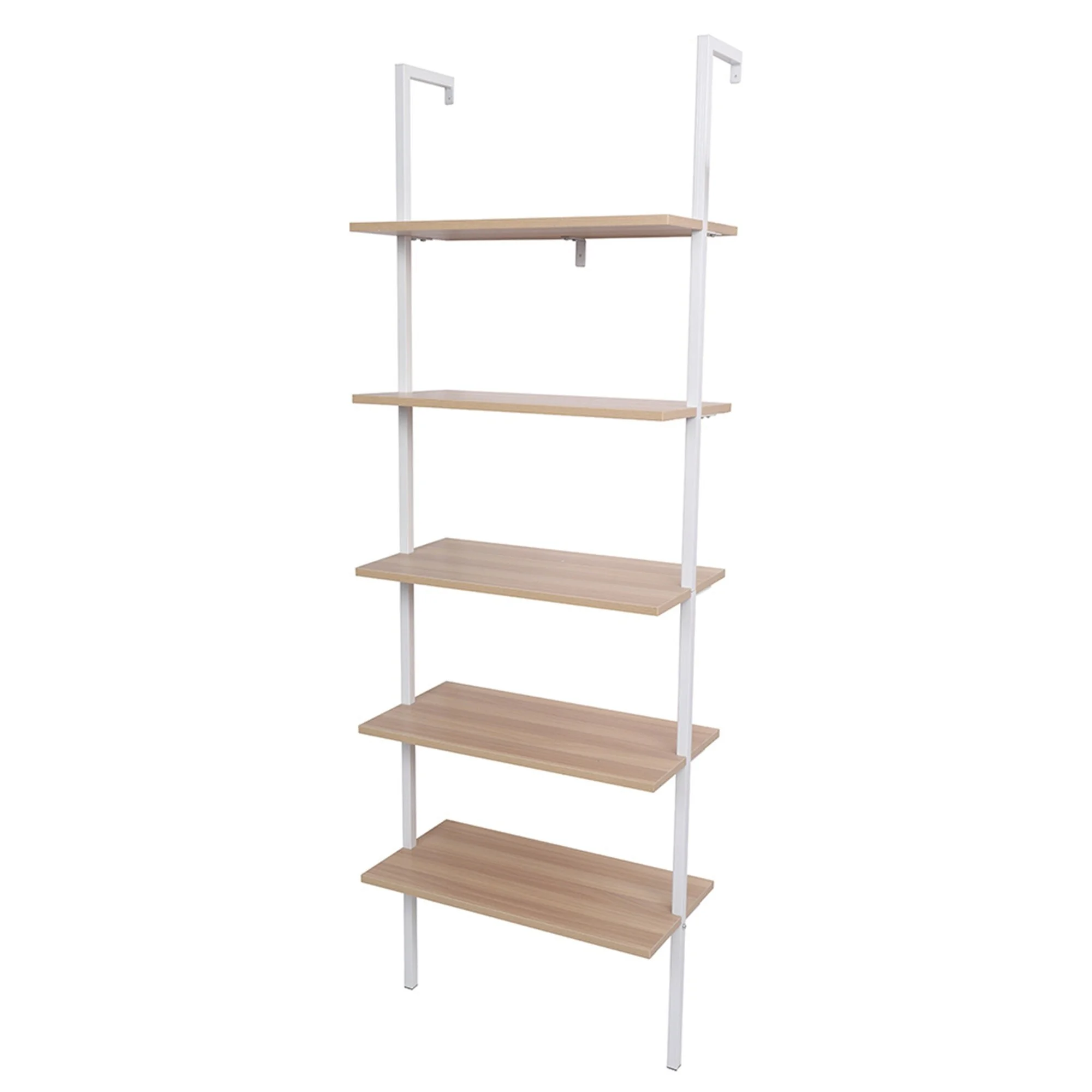 YJTONWIN 5-Shelf Wood Ladder Bookcase, 5-Tier Ladder Shelf Wood Shelves Walnut and White Frame