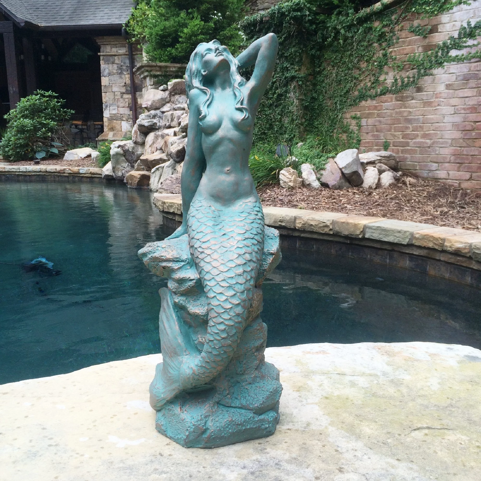 Homestyles 28 in. Giant Sexy Mermaid Sitting on Coastal Rock In Bronze Patina Beach Nautical Garden Statue