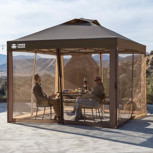 CROWN SHADES Gazebo 10x10 Pop Up Canopy with Mosquito Netting, Screen Tent with 4 Ropes, 8 Stakes, 4 Sandbags and Wheeled Storage Bag