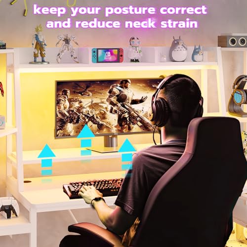 SEDETA Gaming Desk 78.8'' with LED Lights, Hutch and Storage Shelves, Computer Desk with Monitor Stand, Large PC Gamer Desk Workstation