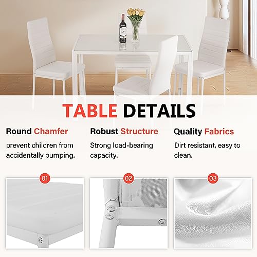 FDW | 5-Piece Dining Table Set | Glass Kitchen Table with 4 Upholstered Chairs | Space-Saving Design | Faux Leather Cushions | Modern Rectangular