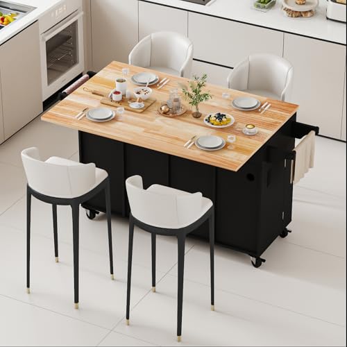 67’’ Movable Kitchen Island with Drop Leaf and Power Outlet, Lockable Sliding Countertop Rolling Island Cart with 2 Large Drawers, Spice, Towel Rack