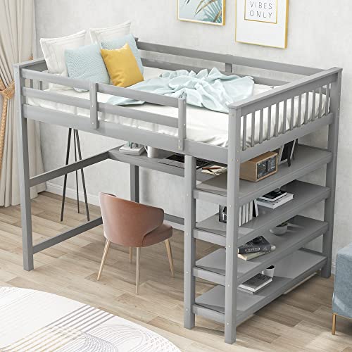 Harper & Bright Designs Full Loft Bed with Desk and Wardrobe,Solid Wood Loft Bed Frame Full with Storage Drawers for Kids Teens Adults